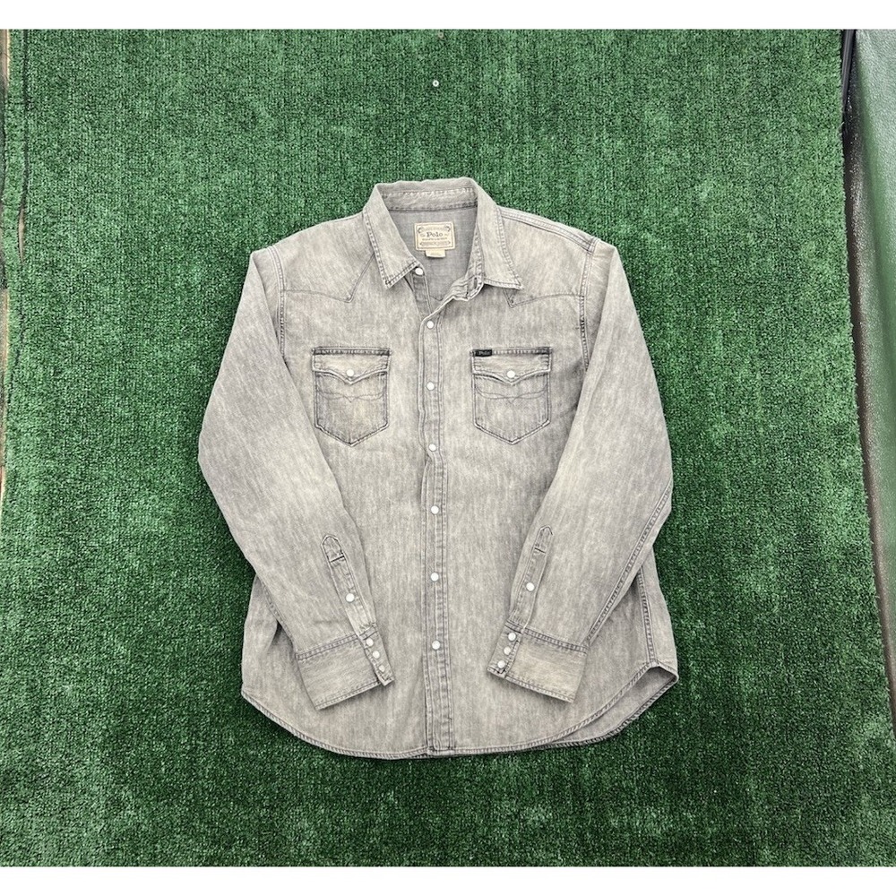 Polo Ralph Lauren Shirt Mens Large Grey Denim Pearl Snap Long Sleeve Western